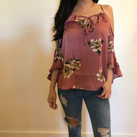 Tops - Dusty Rose Floral Open Shoulder Satin Top